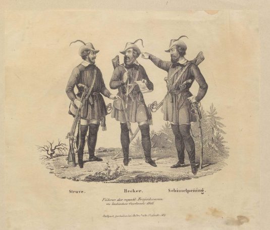 Die Führer der republikanischen Freischaren Sigel, Hecker und Schimmelpfennig (von links)